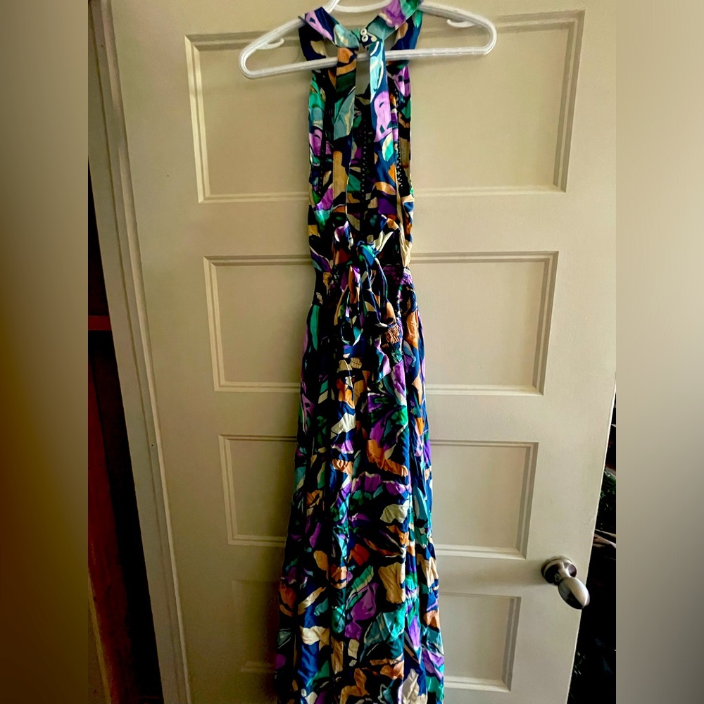 Abel the Label purple Blue orange  Open Back Tie Abstract Leaf Print Maxi.